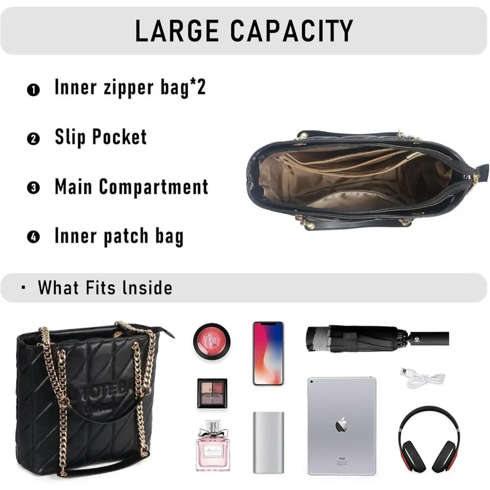Women's Black-Quilted PU Leather Sophisticated Elegant Retro Style Tote Bag